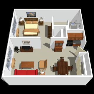 A 3D floor plan of a one-bedroom apartment featuring a living room, dining area, and bedroom.