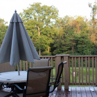 A peaceful backyard deck with a table, chairs, and an umbrella overlooking a lush green landscape.