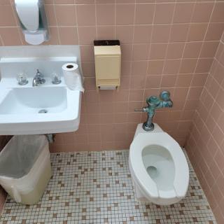 A view of a bathroom featuring a toilet and sink.