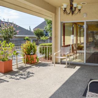 A sunny outdoor patio with potted plants and seating area.