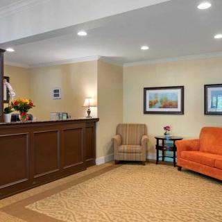 A cozy lobby area with comfortable seating and a reception desk.