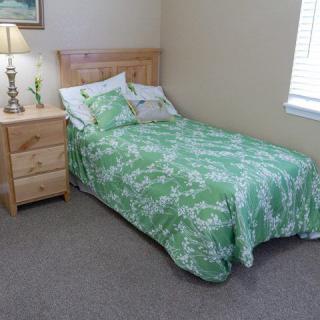 A cozy bedroom features a bed with a green patterned bedspread, a wooden nightstand with a lamp, and a window letting in natural light.
