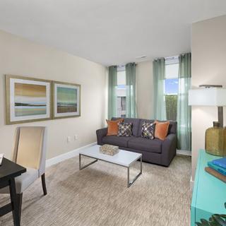 A modern living room with a comfortable sofa, coffee table, and stylish decor.