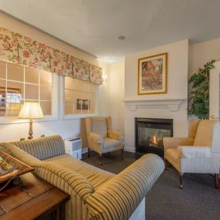 A cozy living room featuring a fireplace, comfortable seating, and elegant decor.