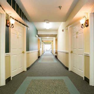A well-lit hallway with closed doors on either side and carpeted flooring.