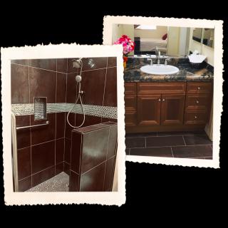 A modern bathroom featuring a tiled shower and a stylish vanity with a sink and mirror.