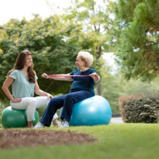 An elderly woman exercises with a resistance band alongside a younger woman, both sitting on stability balls in a park.