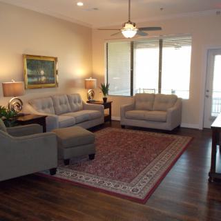 A cozy living room with a warm rug, sofas, and large windows providing natural light.
