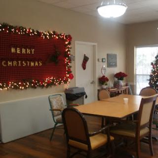 A festive dining area adorned for Christmas celebrations.