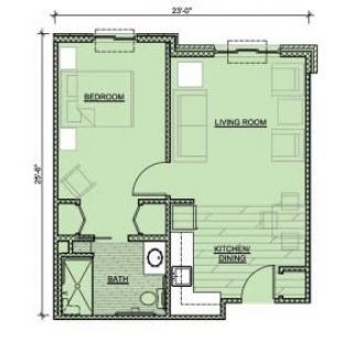 A detailed floor plan of a compact apartment featuring a living room, bedroom, kitchen, and bathroom.