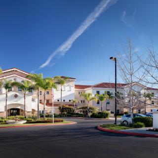 A residential building surrounded by palm trees under a clear blue sky.