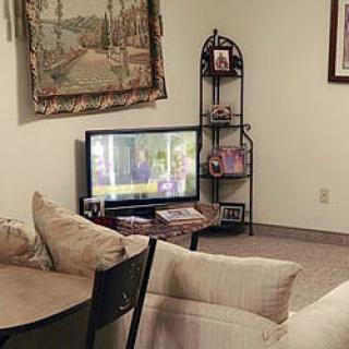 A cozy living room with a television, sofa, and decorative elements.