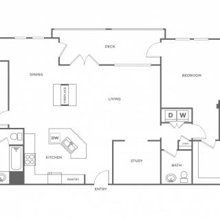 A detailed floor plan of an apartment featuring a bedroom, kitchen, living room, bathroom, and laundry area.