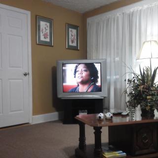 A cozy living room with a television displaying a show, surrounded by furniture and decorations.