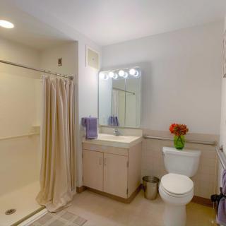 A modern bathroom with a shower, sink, toilet, and decorative flowers on the counter.