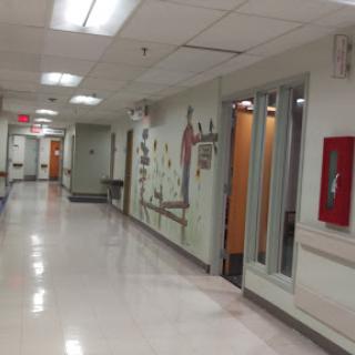A bright and welcoming hallway in a hospital, featuring decorated walls and emergency equipment.