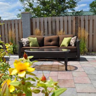 A cozy outdoor patio with a sofa and vibrant flowers on a sunny day.
