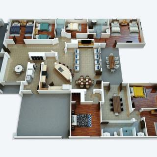 3D floor plan of a house showcasing various rooms and architectural design.