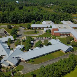An aerial view of a sprawling school campus surrounded by greenery.