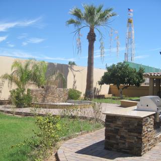 A sunny outdoor patio with a barbecue grill and palm trees.