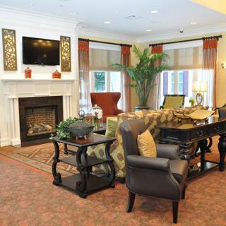 A cozy living room featuring a fireplace, comfortable seating, and elegant decor.