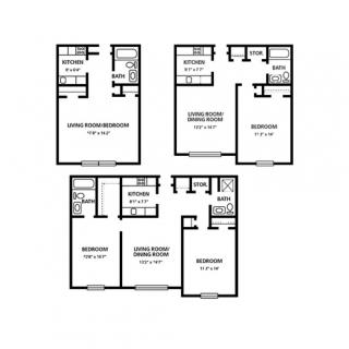 A detailed architectural floor plan showcasing the layout of multiple rooms across three levels.