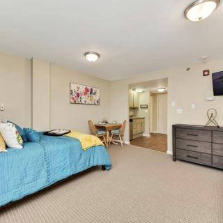 A modern studio apartment with a bed, dresser, and kitchenette area.