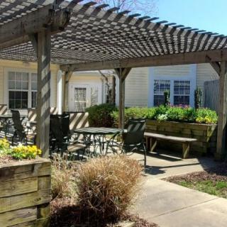 A cozy outdoor patio area featuring a wooden pergola and lush garden surroundings.