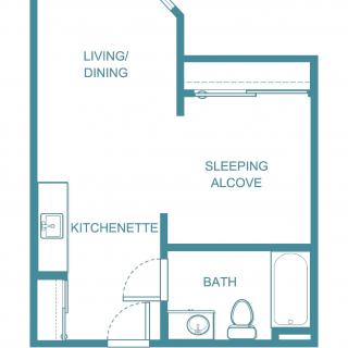 A floor plan of a studio apartment featuring a living/dining area, kitchenette, sleeping alcove, and bathroom.
