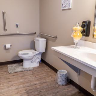 A clean and accessible bathroom with modern amenities and safety handrails.