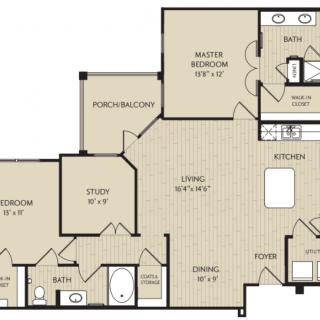 A detailed floor plan of a two-bedroom apartment, including living room, kitchen, and study areas.