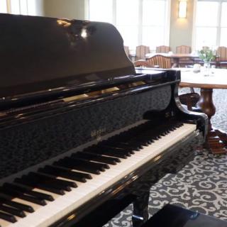 A grand piano in a well-lit room with elegant furniture.