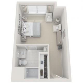 A top-down view of a compact studio apartment floor plan with a bedroom, bathroom, and kitchenette.