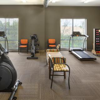 A well-equipped gym with exercise machines and free weights.