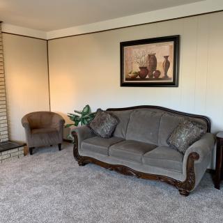 A cozy living room with a classic sofa, armchair, and framed artwork on the wall.