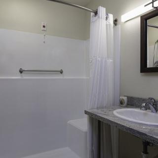 Modern bathroom with a walk-in shower and vanity.