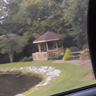 A serene view of a gazebo by a pond, surrounded by greenery.