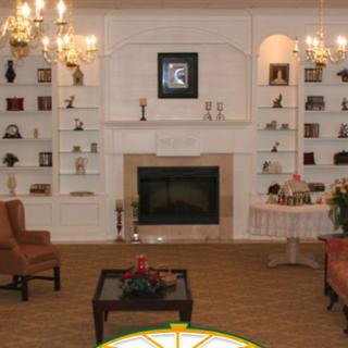 A cozy living room with a fireplace, surrounded by shelves and elegant chandeliers.