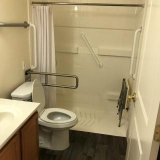 Accessible bathroom with toilet, shower, and grab bars.