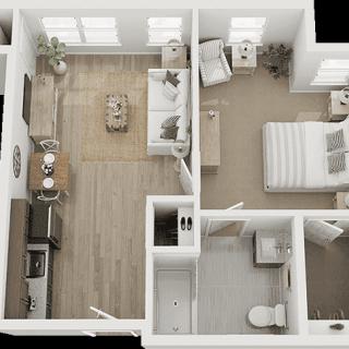A 3D floor plan of a one-bedroom apartment featuring a modern living area, kitchen, bathroom, and bedroom.