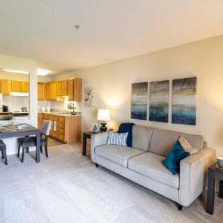 A contemporary open-space living room and kitchen with modern furnishings and decor.