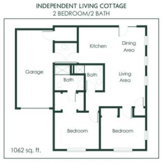 Floor plan of an independent living cottage with two bedrooms and two bathrooms.