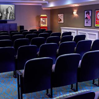 A small theater with rows of seats facing a screen, adorned with movie posters on the walls.