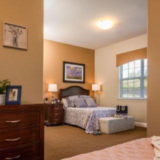 A cozy bedroom featuring a neatly made bed with patterned bedding, warm lighting from bedside lamps, and decorative elements like framed artwork and plants.