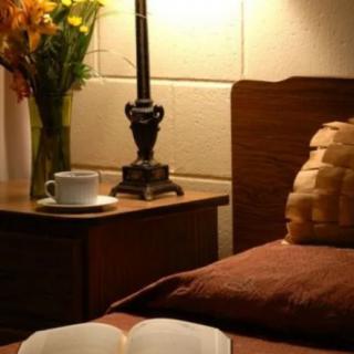 A cozy bedroom scene with a lamp-lit nightstand featuring a cup, an open book, and flowers.