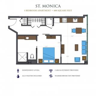 Floor plan of a one-bedroom apartment with labeled furniture and designated areas.