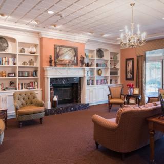 A cozy living room featuring a fireplace, elegant bookshelves, and comfortable seating arrangements.