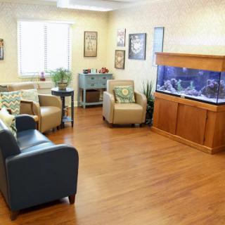 A cozy waiting room with comfortable chairs, an aquarium, and indoor plants.