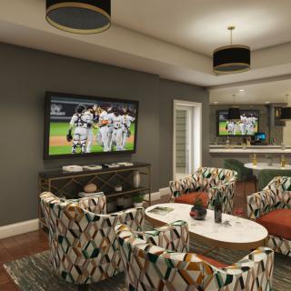 A contemporary living room with a large TV displaying a sports game and stylish seating arrangements.