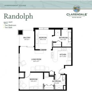 A floor plan layout for the Randolph apartment, featuring two bedrooms and two baths within the Clarendale community.